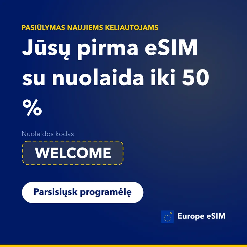 Europe eSIM kodas — 15 % nuolaida pirmam planui